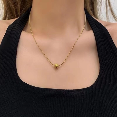 Collar Con Colgante De Bola Redonda Minimalista Acero Inoxidable Chapado En Oro Pulido Cadena De Serpiente Para Mujer Simple Elegante