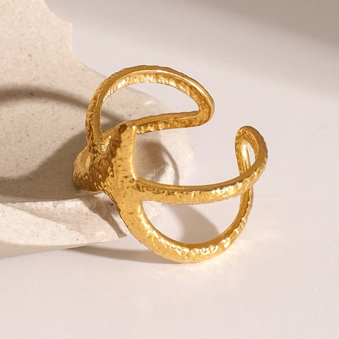 Starfish Ring Stainless Steel Gold Plated Hammered Texture Adjustable Open Band Ocean Beach Style Jewelry For Women