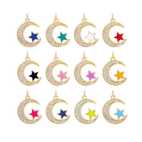 Star Moon Pendant Charm Copper 18K Gold Plated Micro Pave Cubic Zirconia Colorful Enamel For DIY Jewelry Making Necklaces