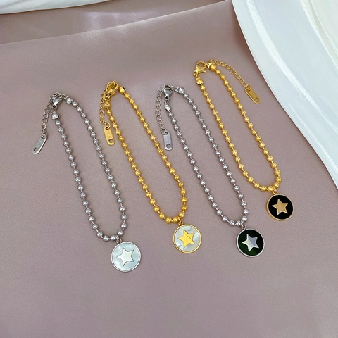 Bracelet À Chaîne À Billes En Acier Inoxydable Pendentif Étoile Disque Rond Incrustation De Coquillage Style Coréen Réglable Pour Femmes