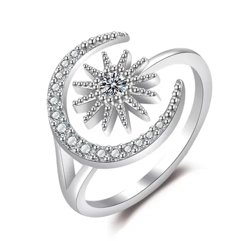 Sun Moon Star Adjustable Open Ring 925 Sterling Silver Cubic Zirconia Micro Pave Fashion Jewelry For Women