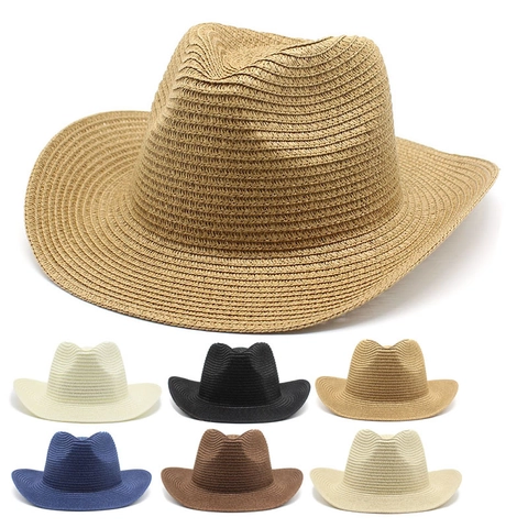 Western Cowboy Straw Hat Wide Brim Breathable Summer Sunshade Beach Fedora Jazz Travel Accessory For Men Women