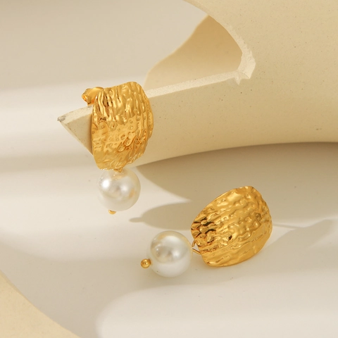 Hammered Texture Drop Earrings Gold Plated Stainless Steel With White Faux Artificial Pearl Geometric Jewelry For Women