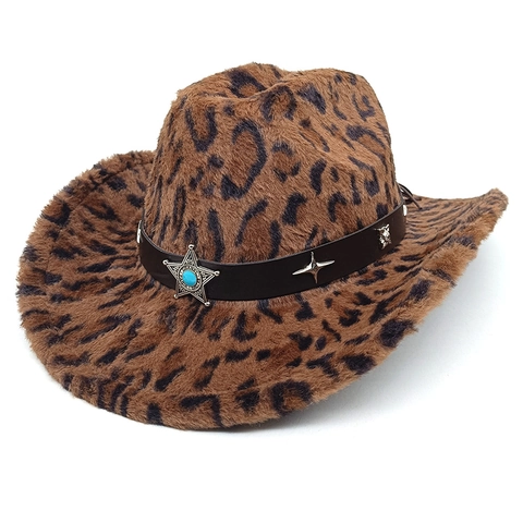 Cappello Da Cowboy In Peluche Leopardato Pelliccia Sintetica Western Tesa Larga Cinturino In Pelle Stella Accessorio Donna