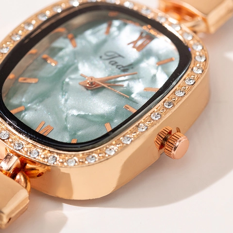 Fashion Women Quartz Watch Elegant Oval Rhinestone Inlaid Case Marble Pattern Dial Slim Faux Leather Strap Ladies Wristwatch