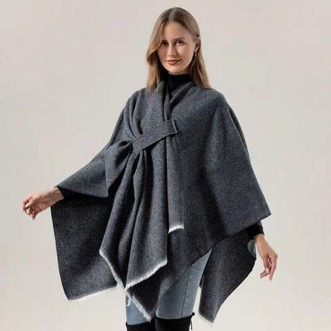 Women's Cashmere Like Poncho Cape Solid Color Front Knot Knit Wrap Oversized Winter Warm Scarf Shawl With Tassels