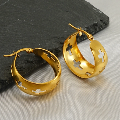 Pendientes De Aro Con Cruz Hueca Acero Inoxidable Chapado En Oro De 18K Geométrico Grande Redondo Para Mujeres