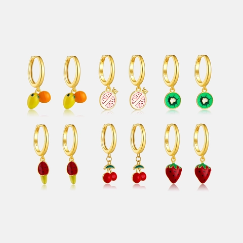 925 Sterling Silver Enamel Fruit Dangle Hoop Earrings Gold Plated Cute Jewelry Strawberry Avocado For Women