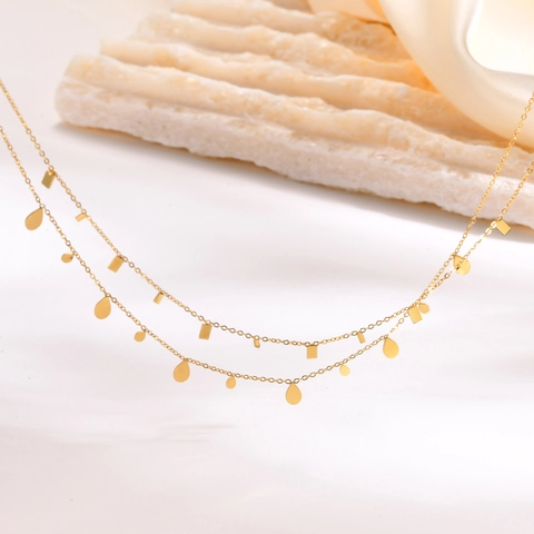 Double Layer Stainless Steel Necklace For Women Geometric Teardrop Square Triangle Pendants Shining Rhinestone Trendy Jewelry