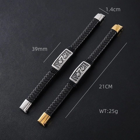 Pulsera De Cuero Trenzado Para Hombre Con Placa De Acero Inoxidable 304 Tótem Tribal Cierre Magnético Punk Hip Hop