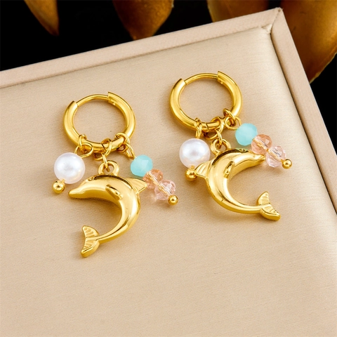Pendientes De Aro Con Colgante De Delfín De Acero Inoxidable Con Perla Artificial Y Cuentas De Colores Joyería Marina Mujeres