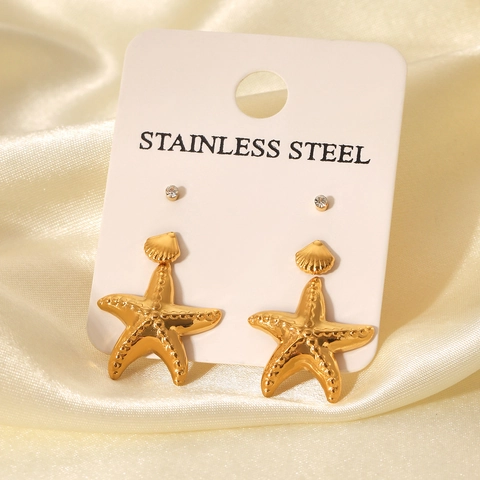 Zeester Schelp Zirkoon Oorknopjes 18K Verguld Roestvrij Staal Vakantie Strand Stijl Elegante Sieraden