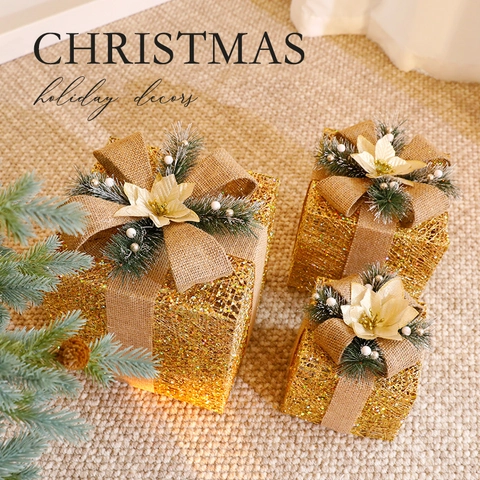 Scatole Regalo Decorative Per Natale Luminose Con Telaio In Ferro Fiocco In Tessuto Pigne Decorazione