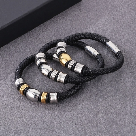 Pulsera Y Collar De Cuero Vacuno Trenzado Para Hombre Con Cierre Magnético De Acero Inoxidable Joyería De Moda Informal