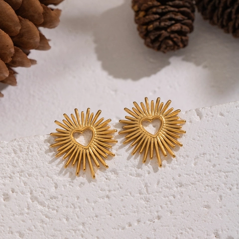 Heart Stud Earrings Stainless Steel Sunburst Sunray Design Gold Plated Hypoallergenic Fashion Jewelry For Women