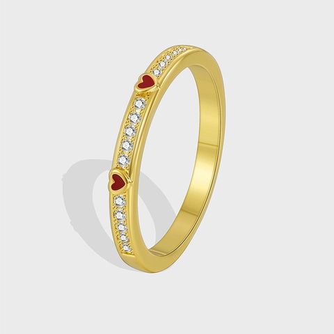 Bague Cœur en Cuivre Plaqué Or Avec Émail et Strass pour Femme Bijoux Minimalistes Mode Cœur Rouge Accent Zirconia Bague Cadeau