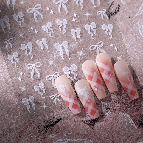 Autocollants De Nail Art Gaufrés 5D Noeud En Gaze Blanche Style Français Étoile Décoration Manucure DIY Pour Femmes
