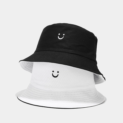 Chapeau Bob Réversible Coton Toile Broderie Smiley Protection Solaire Streetwear Décontracté Pour Femmes Hommes