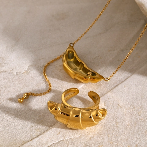 Croissant Sieraden 18K Verguld Roestvrij Staal Ketting En Verstelbare Open Ring Minimalistische Geometrische Stijl