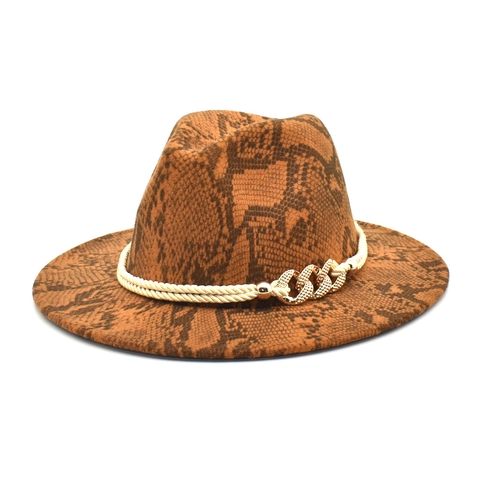 Cappello Fedora In Lana Stampa Serpente Tesa Larga Catena Dorata Decorazione Cappello Jazz Vintage Donna Uomo