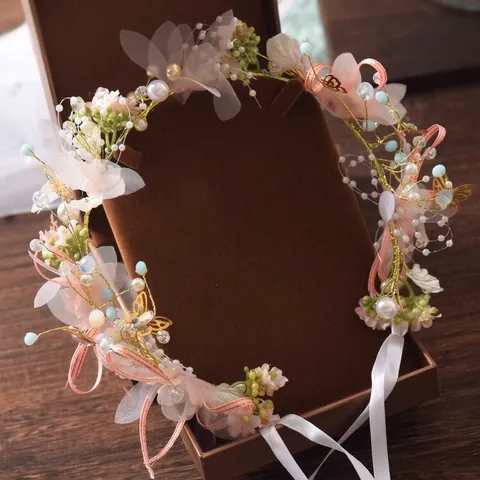Kids Flower Crown Headband Chiffon Floral Faux Artificial Pearl Ribbon Forest Style Princess Hair Accessories Wedding Flower Girl