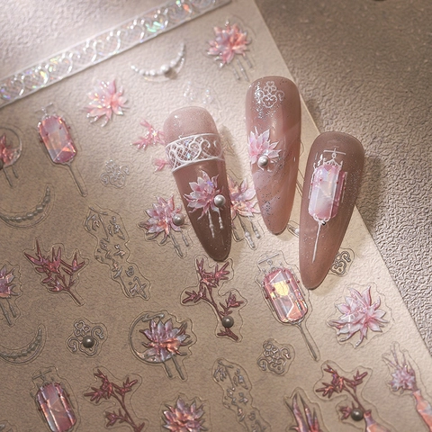5D Relief Nail Art Stickers Floral Flower New Chinese Style Laser Aurora Artificial Pearl Self Adhesive Manicure Decals