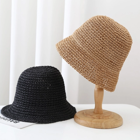 Women Handmade Woven Paper Straw Bucket Hat Summer Beach Sun Hat Breathable Foldable Pastoral Style Fisherman Sunshade Hat