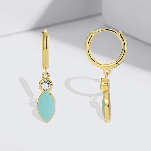 Boucles d'Oreilles Pendantes en Laiton Plaqué Or 18K Zirconia Émail Bleu Ciel Feuille Huggie pour Femme Bijoux Esthétiques