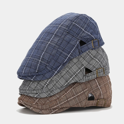 Casquette Plate À Carreaux Vintage Style Britannique Rétro Avec Boucle Métallique Réglable En Mélange De Coton