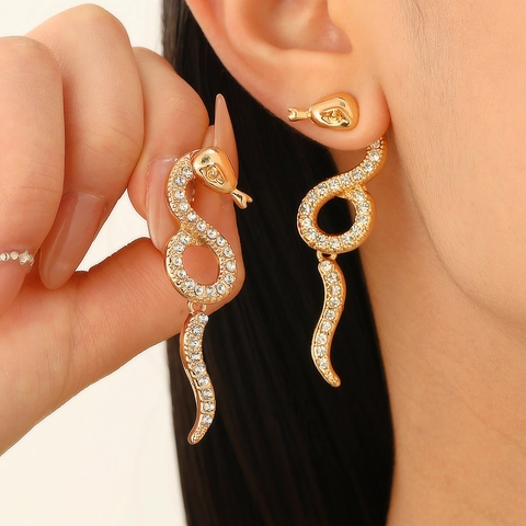 Rhinestone Zodiac Snake Twisted Earrings Alloy Steel Post Gold Silver Animal Dangle Earrings Trendy Party Jewelry For Women