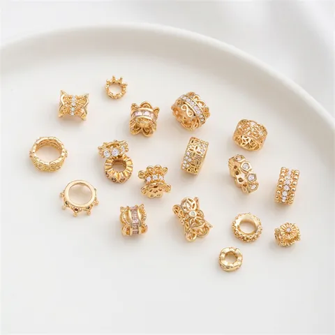 Spacer Beads Copper 14K Gold Plated Zircon Crown Hollow Flower Lace Large Hole Jewelry Making Charms DIY Accessories