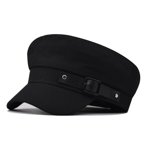 Cappello Newsboy Donna Cotone Militare Piatto Cappello Marinaio Finitura Fibbia Pelle PU Stile Britannico Vintage