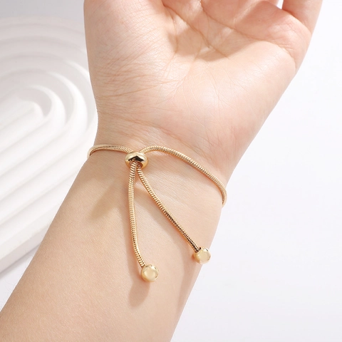 Minimalist Copper Snake Bone Chain Bracelet Adjustable Slider Pull Jewelry With Polished Round Beads Ends