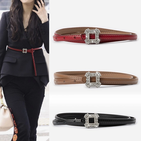 Cintura Sottile In Vera Pelle Da Donna Con Fibbia Quadrata In Strass Cinturino Moda Versatile