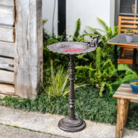 Vintage Cast Iron Standing Bird Feeder Bird Bath Garden Outdoor Decor With Fairy Angel Statue Retro Distressed Metal
