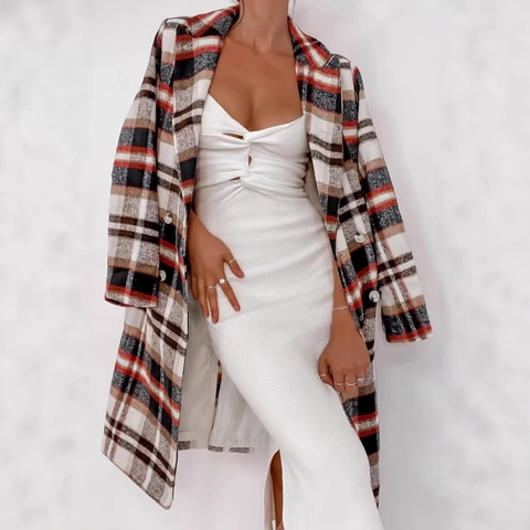 Dames Geruite Halflange Jas Double Breasted Reverskraag Lange Mouwen Retro Britse Stijl Casual Jas Met Wollook