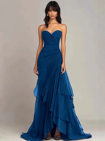 Women Strapless Evening Dress Ruched Waist Layered Ruffle Hem Floor Length Polyester Chiffon Solid Color Party Prom Gown