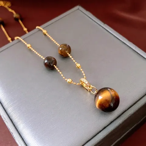 Vintage Tiger Eye Pendant Necklace Copper Gold Plated Round Ball Rhinestone Jewelry For Women