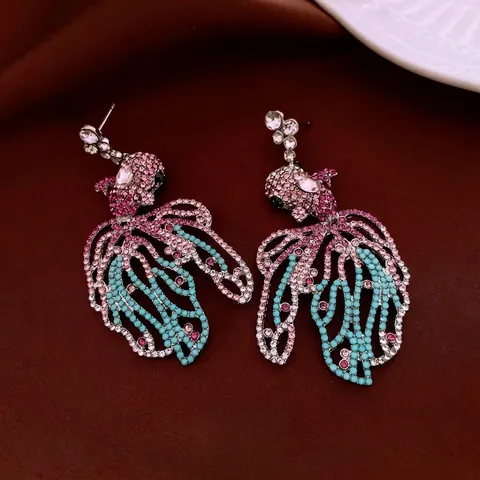 Vintage Goldfish Drop Earrings Multi Color Rhinestone Inlaid Hollow Tail Alloy With 925 Sterling Silver Earring Post