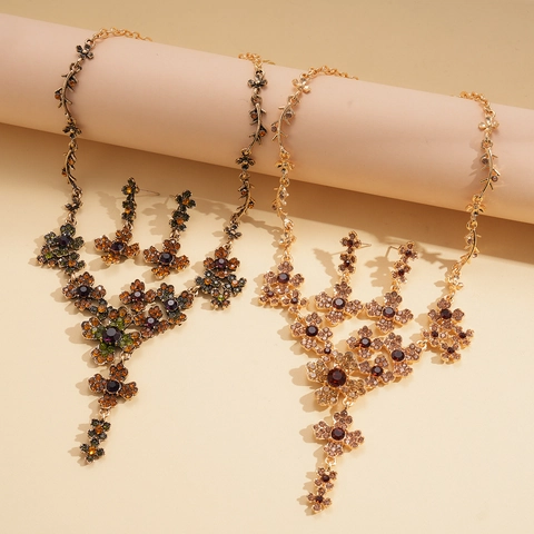 Collana E Orecchini Vintage Fiori Lega Strass Cristallo Colorato Pendente Croce Gioielli Per Donna
