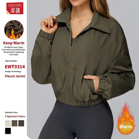 Women Cropped Sporty Jacket Polyester Windproof Zipper Up Turn-Down Collar Elastic Hem Long Sleeve Running Top Outerwear