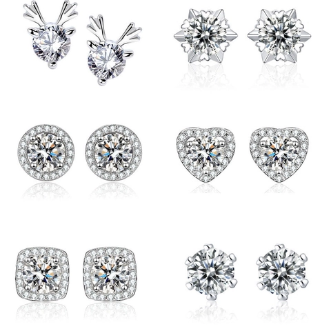 Boucles D'oreilles Puces Cuivre Avec Zircon Et Tige En Argent Sterling 925 Six Griffes Halo Cœur Flocon De Neige Renne Femme