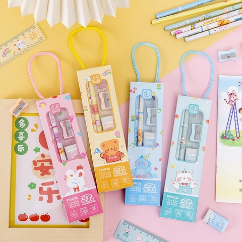 Cartoon Stationery Kit For Kids School Rewards Featuring HB Pencils Ruler Eraser And Sharpener Portable Cute Student Gift