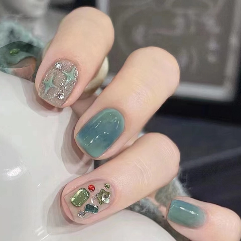 Uñas Postizas Ojo De Gato Verde Degradado Rosa Brillante Con Diamantes De Imitación 3D Y Estrellas Elegantes Cuadradas Largas