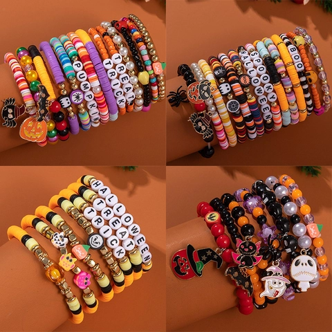 Halloween Bracelets Polymer Clay Acrylic Bead Alloy Charm Pumpkin Ghost Spooky Party Jewelry For Women