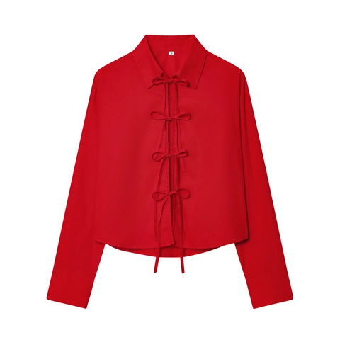 Women Long Sleeve Blouse Bow Front Tie Shirt Striped Solid Color Polyester Casual Poplin Style Fashion Tops