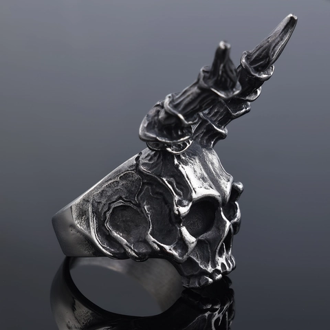 Schedel Ring Met Ramshoorns Roestvrij Staal Vintage Gothic Punk Biker Sieraden Voor Heren Geoxideerde Afwerking Metal