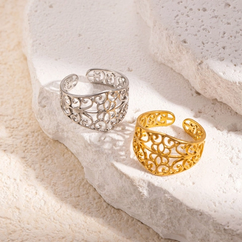 Hohlmuster Ring Edelstahl Vergoldet Retro Rebe Filigran Verstellbar Offen Band Modeschmuck Für Damen