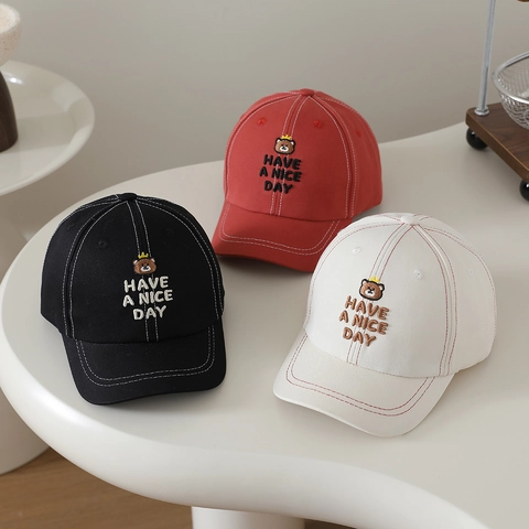 Kids Baseball Cap Cotton Blend Crown Bear Embroidery Contrast Stitching Sun Protection Adjustable Hat Toddler Boys Girls