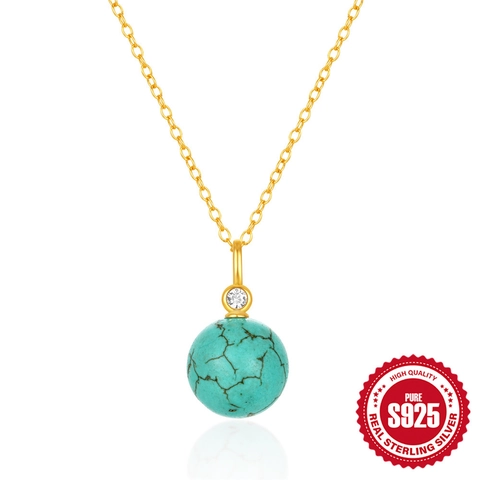 Elegante 925 Sterlingsilber Türkis Kugel Anhänger Halskette Für Damen Mode Vergoldet Zirkonia Eingelegt Choker Kette Schmuck